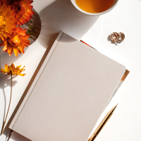 Styled notebook or journal flat lay with tea and orange flowers